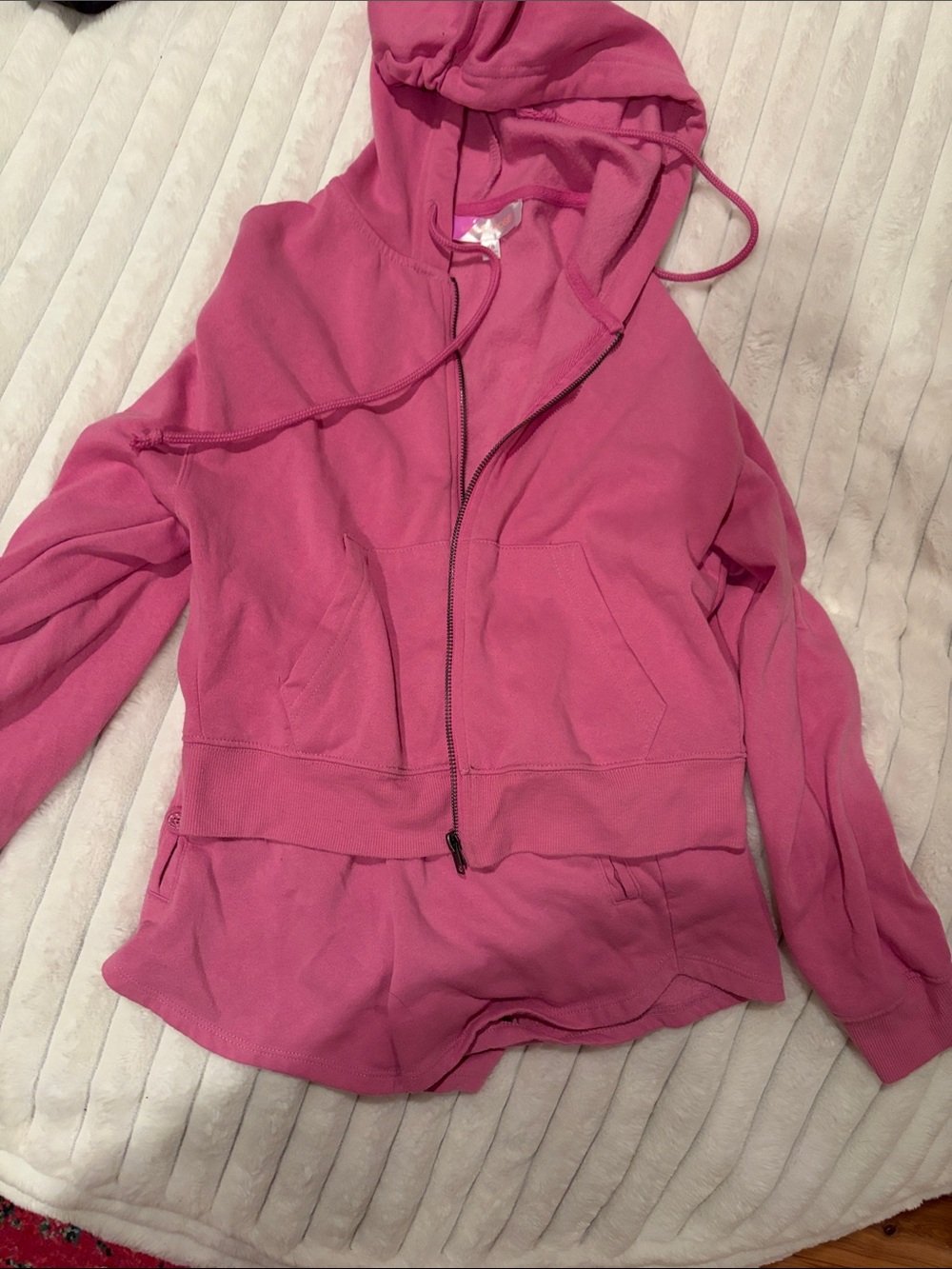 Pink Zip-Up Hooded Sweatshirt with pink sweatshorts